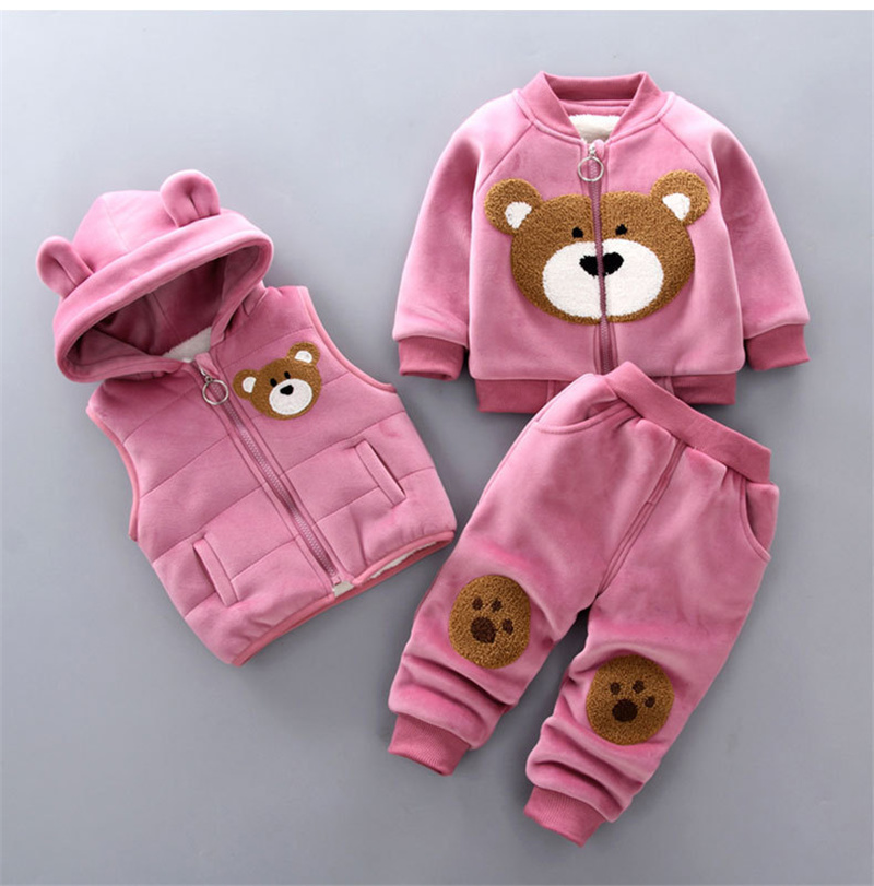 Neue Winter Baby Kleidung Sets Herbst Jungen Mädchen Baumwolle Dicke Warme Mit Kapuze Pullover Cartoon Nette Bär Drei-Stück kinder anzug 0-4Y